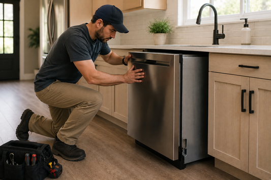 Person working on a stainless steel dishwasher in a kitchen.