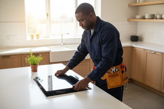 Person installing am electric cooktop in a kitchen