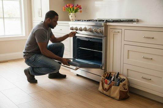 Man working on an oven in a kitchen with tools nearby