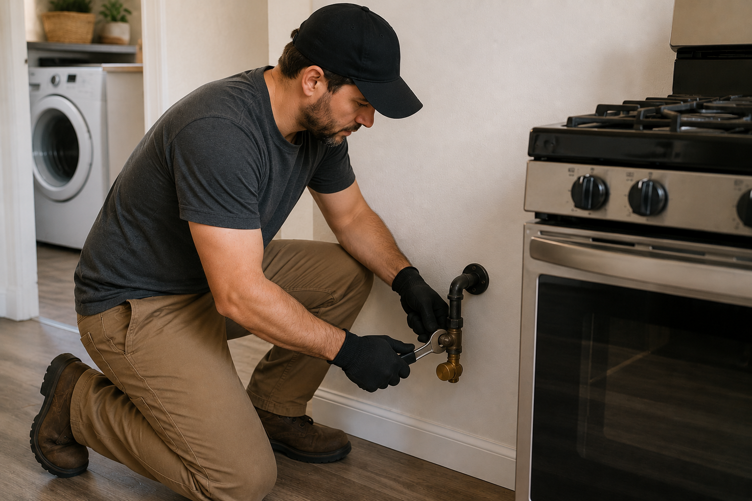 installer completing a gas disconnection service of an appliance in a kitchen.