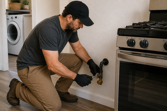 installer completing a gas disconnection service of an appliance in a kitchen.