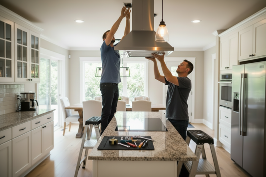 Two men installing a ceiling mounted range hood in a modern kitchen.