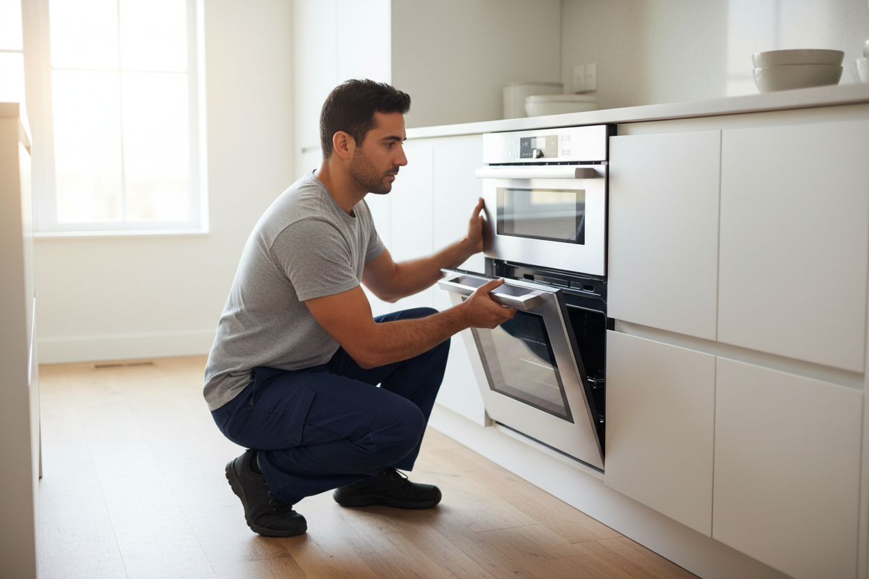 Man working on an oven in a kitchen