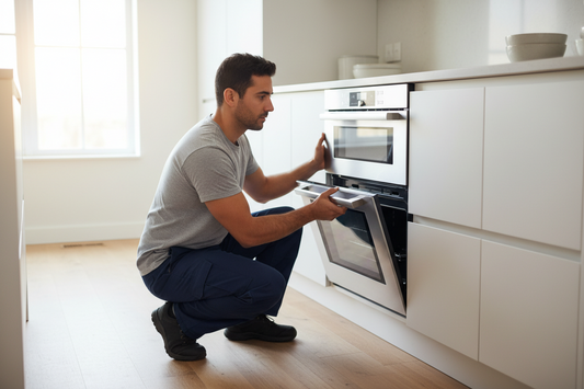 Man working on an oven in a kitchen