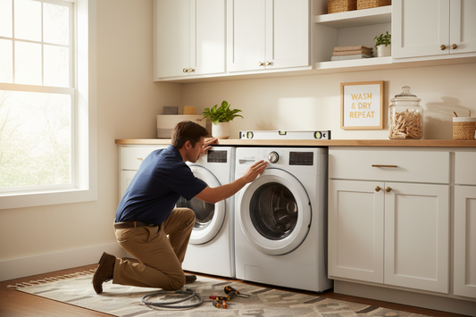 Man working on a washing machine in a kitchen setting